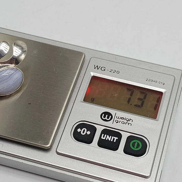 Vintage Sterling Silver Blue Lace Agate Feather Earrings RHG Modernist Design - Picture 6 of 6